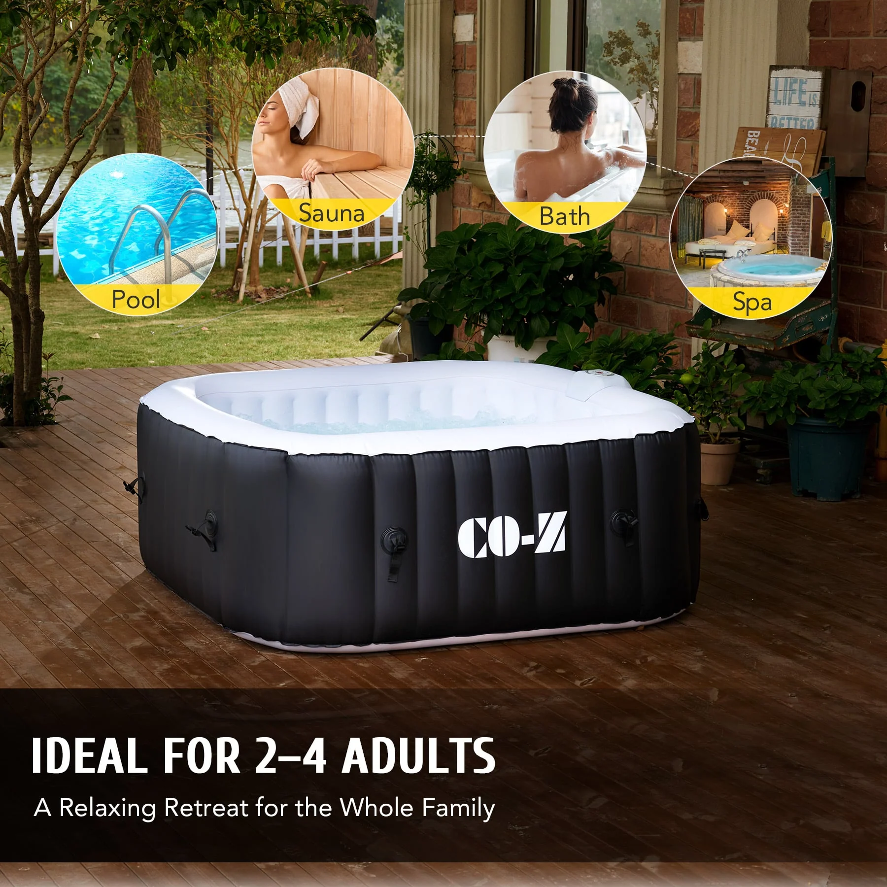 CO-Z 4-Person Inflatable Hot Tub with 120 Bubble Jets, 5'x5' Portable Outdoor Spa with Cover and Air Pump, Black - Image 7