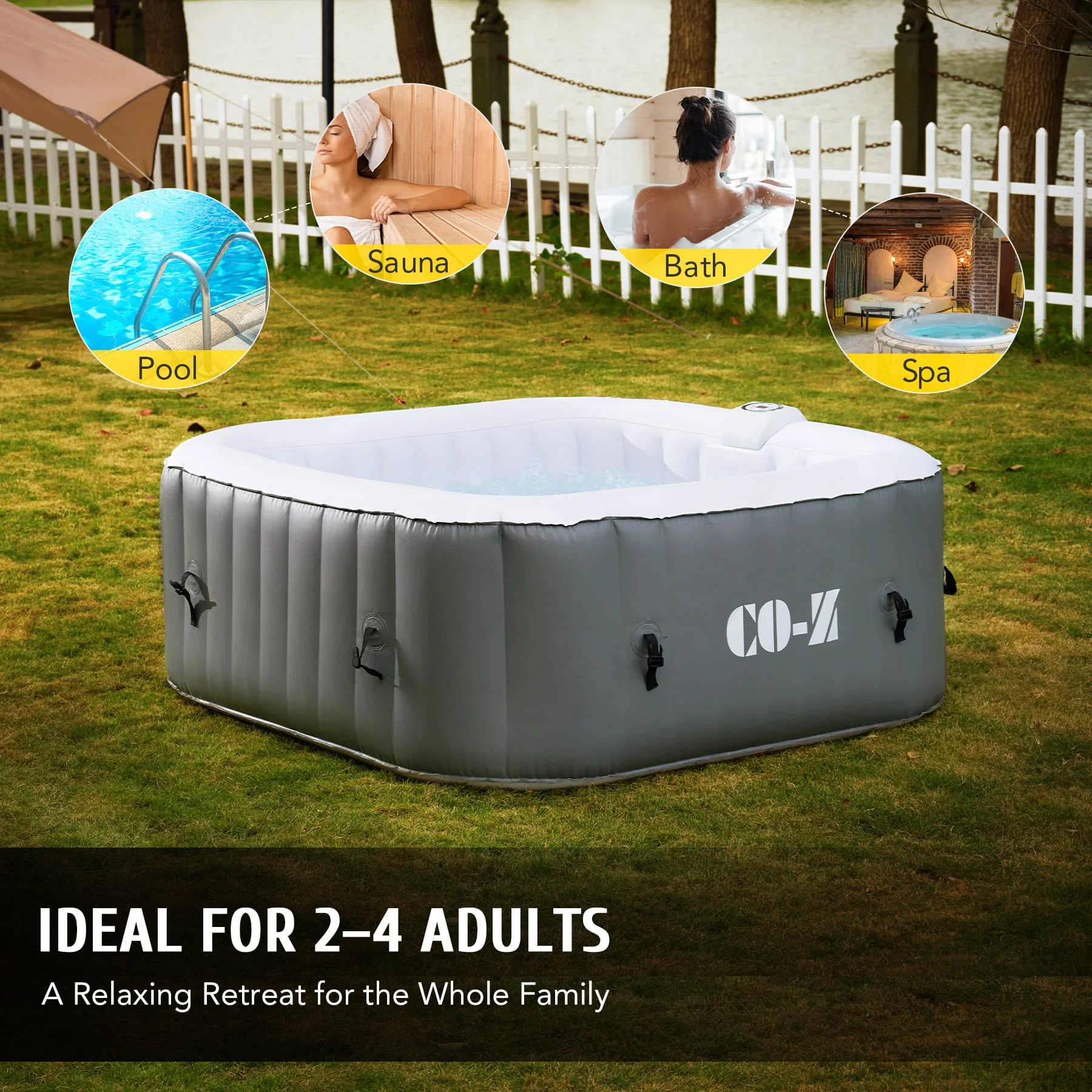 CO-Z 4-Person Inflatable Hot Tub with Cover, 120 Bubble Jets, 5' Portable Outdoor Spa with Electric Air Pump, Grey - Image 7