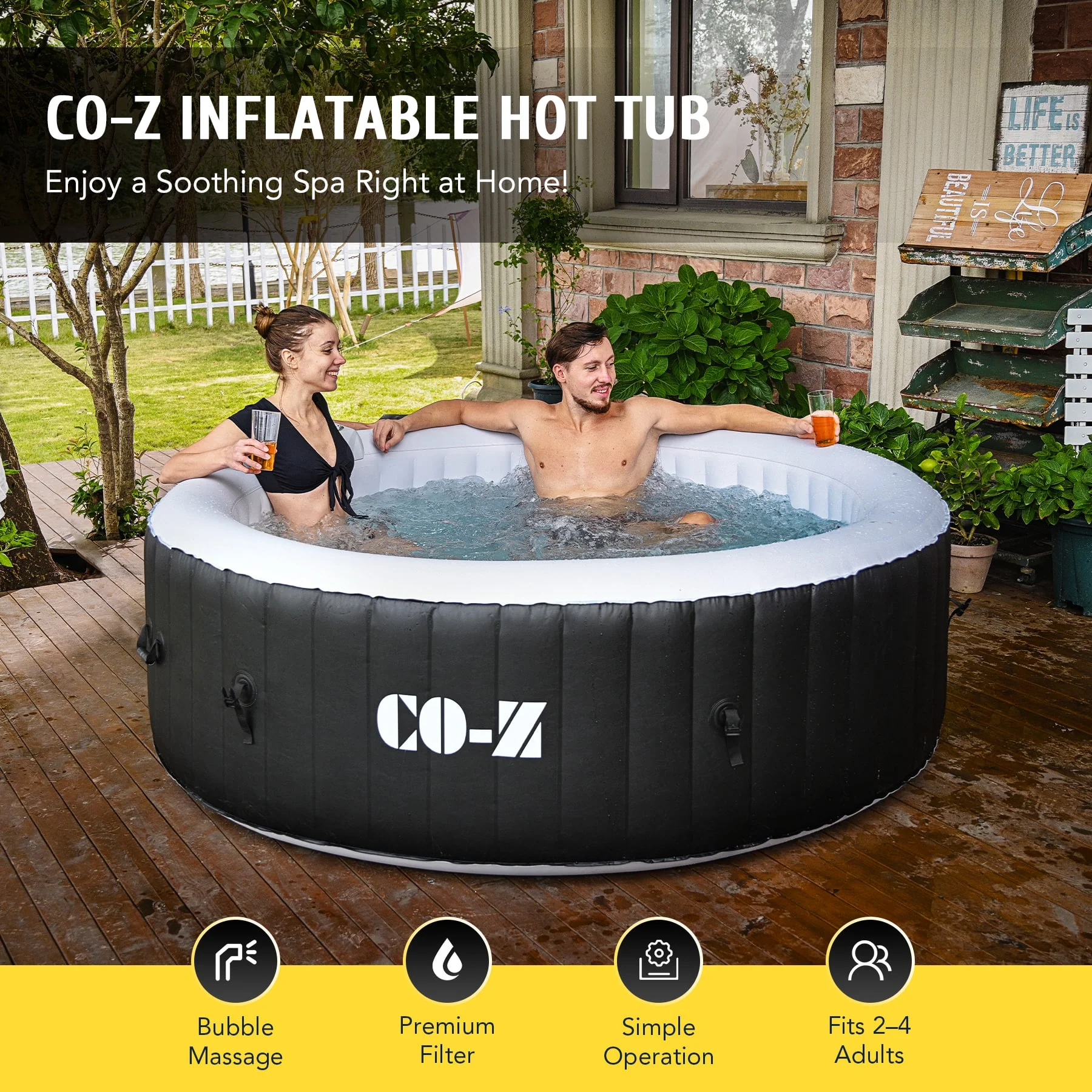 CO-Z 4-Person Inflatable Hot Tub with Cover, 120 Bubble Jets, 6' Portable Outdoor Pool with Electric Air Pump, Black - Image 6