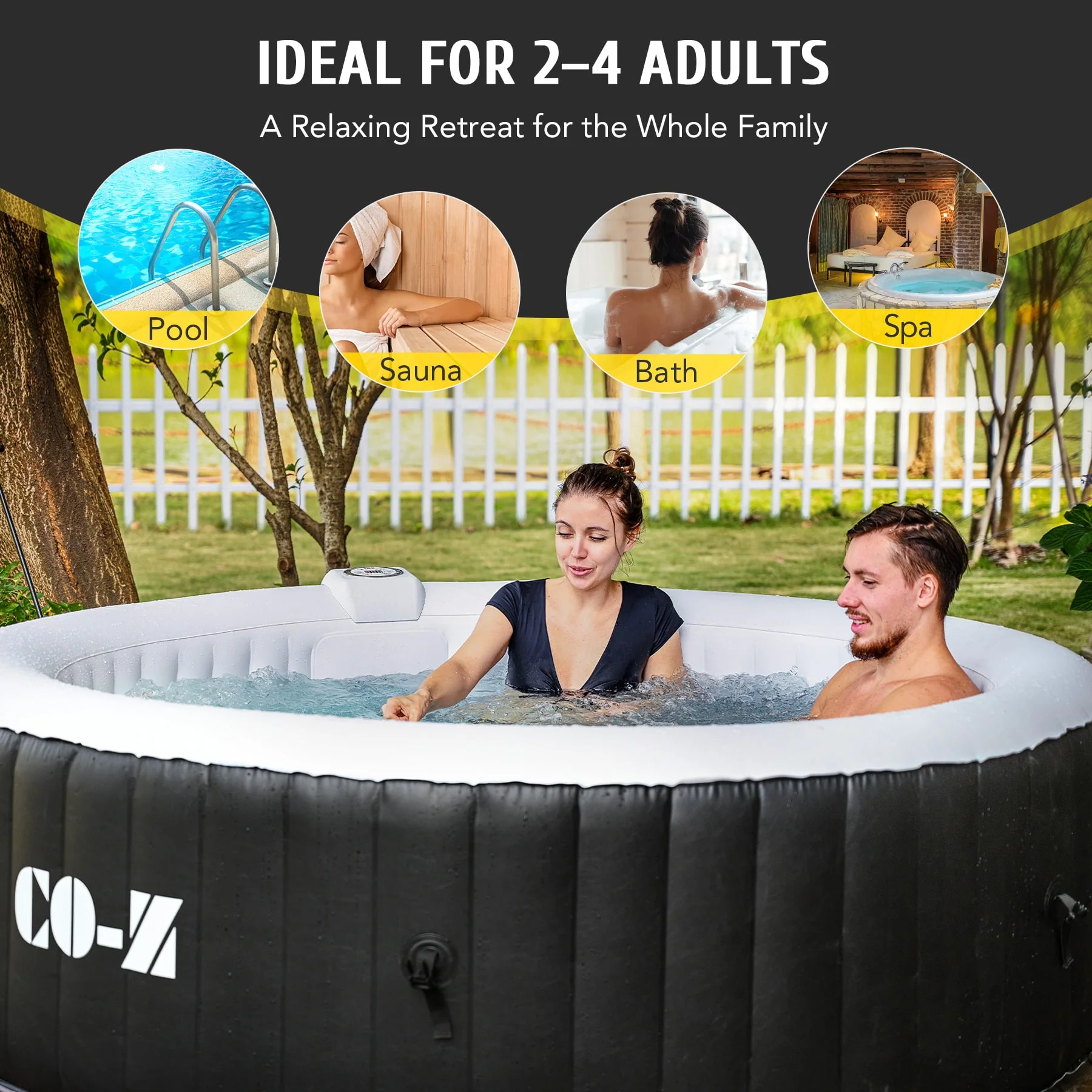 CO-Z 4-Person Inflatable Hot Tub with Cover, 120 Bubble Jets, 6' Portable Outdoor Pool with Electric Air Pump, Black - Image 7