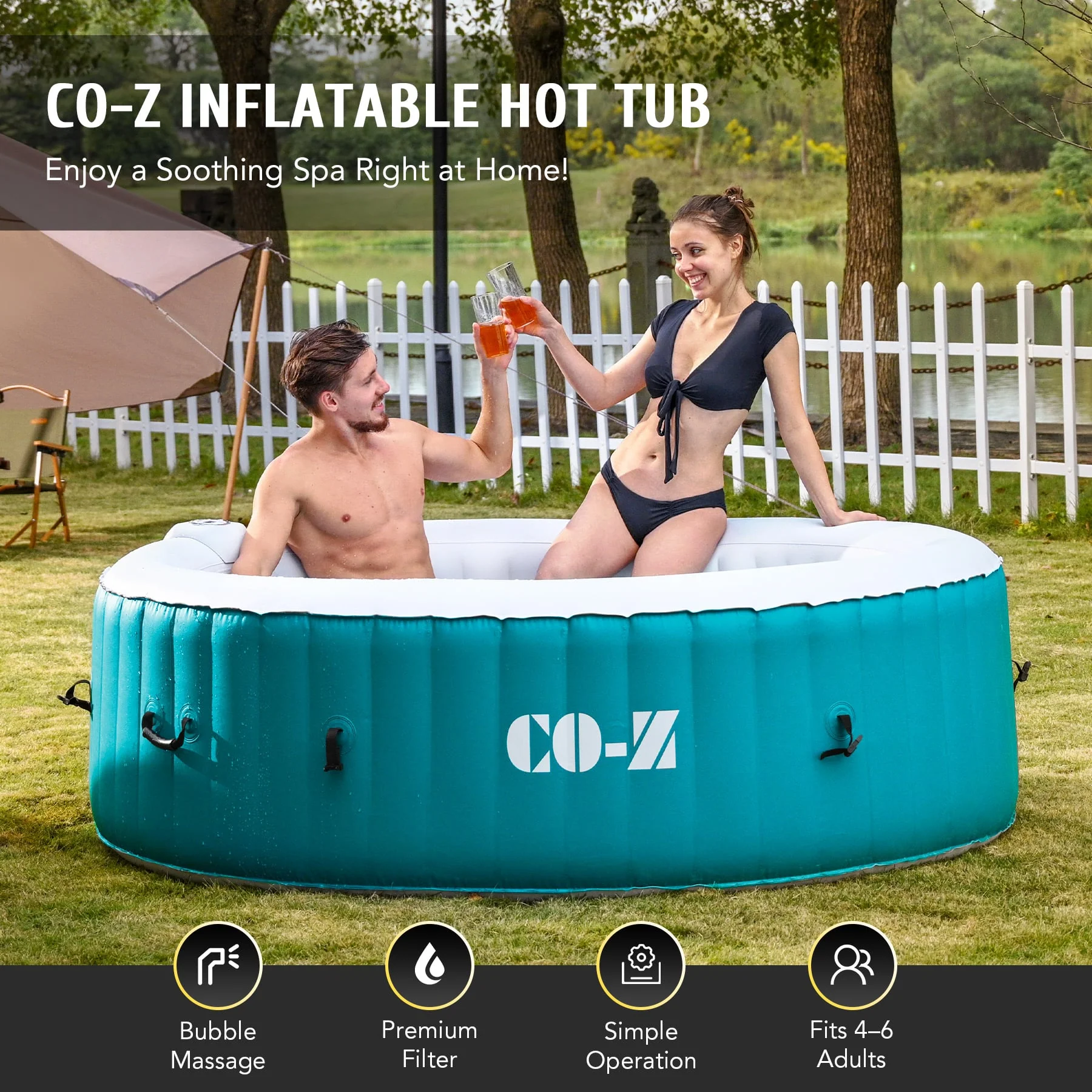 CO-Z 6-Person Inflatable Hot Tub with Cover, 130 Bubble Jets, 7' Portable Outdoor Pool with Electric Air Pump, Green - Image 7