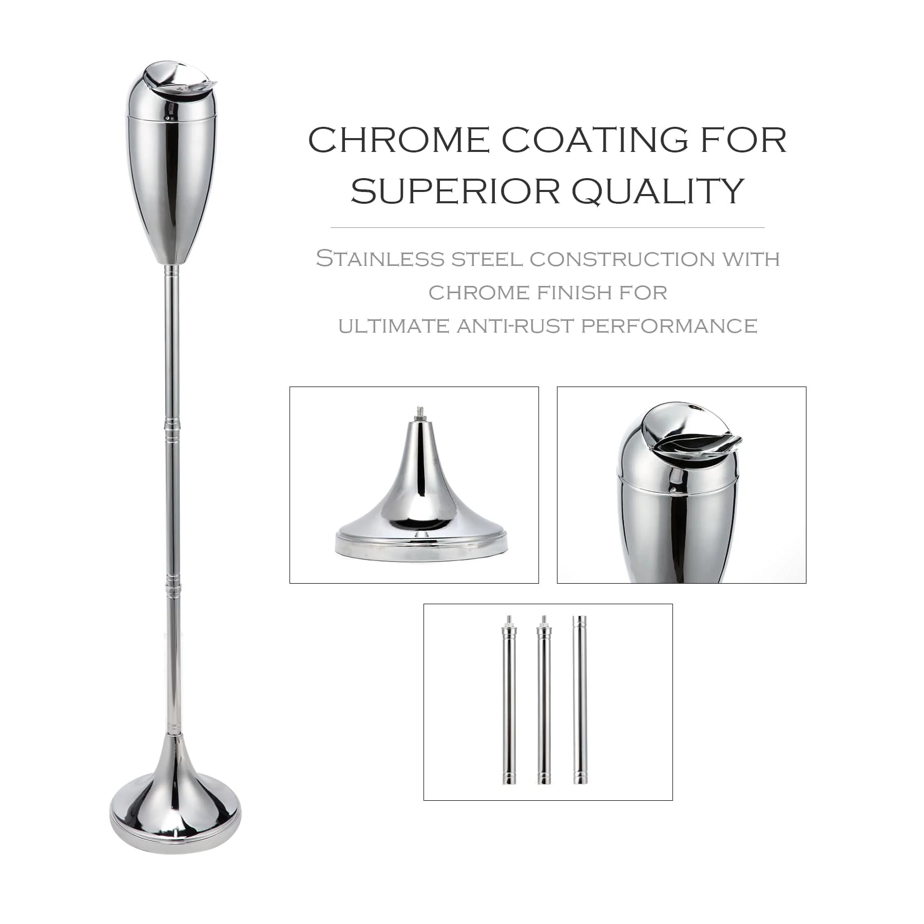 CO-Z Adjustable Outdoor Floor Standing Ashtray, Outside Patio Cigar Ashtrays for Cigarettes, Contemporary Windproof Receptacle Stand Ashtray with Lid, 20", 27.5", 35" Heights, Stainless Steel (Chrome) - Image 3
