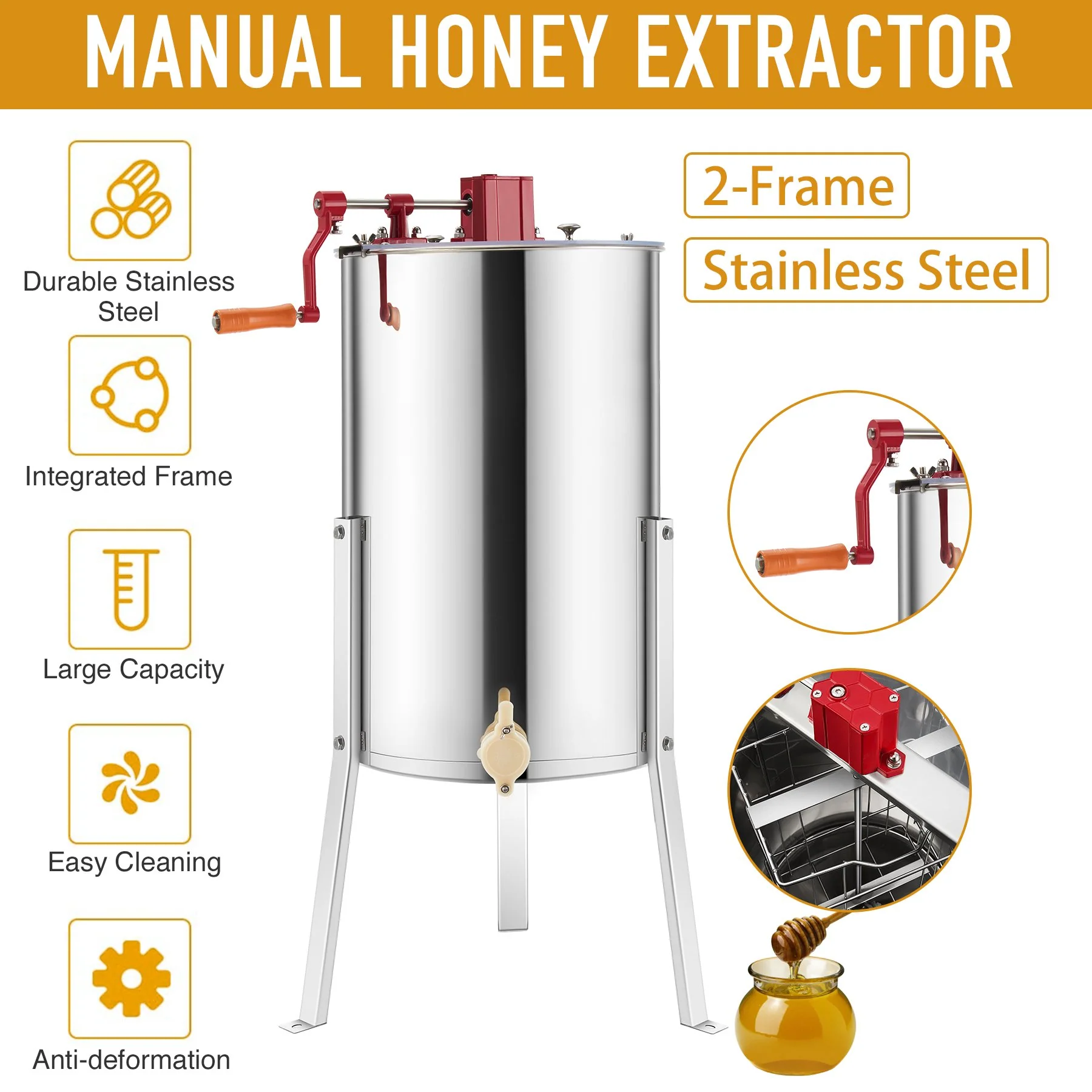 CO-Z 2 Frame Manual Honey Extractor Beekeeping Honeycomb Drum 24" Adjustable Stands - Image 6