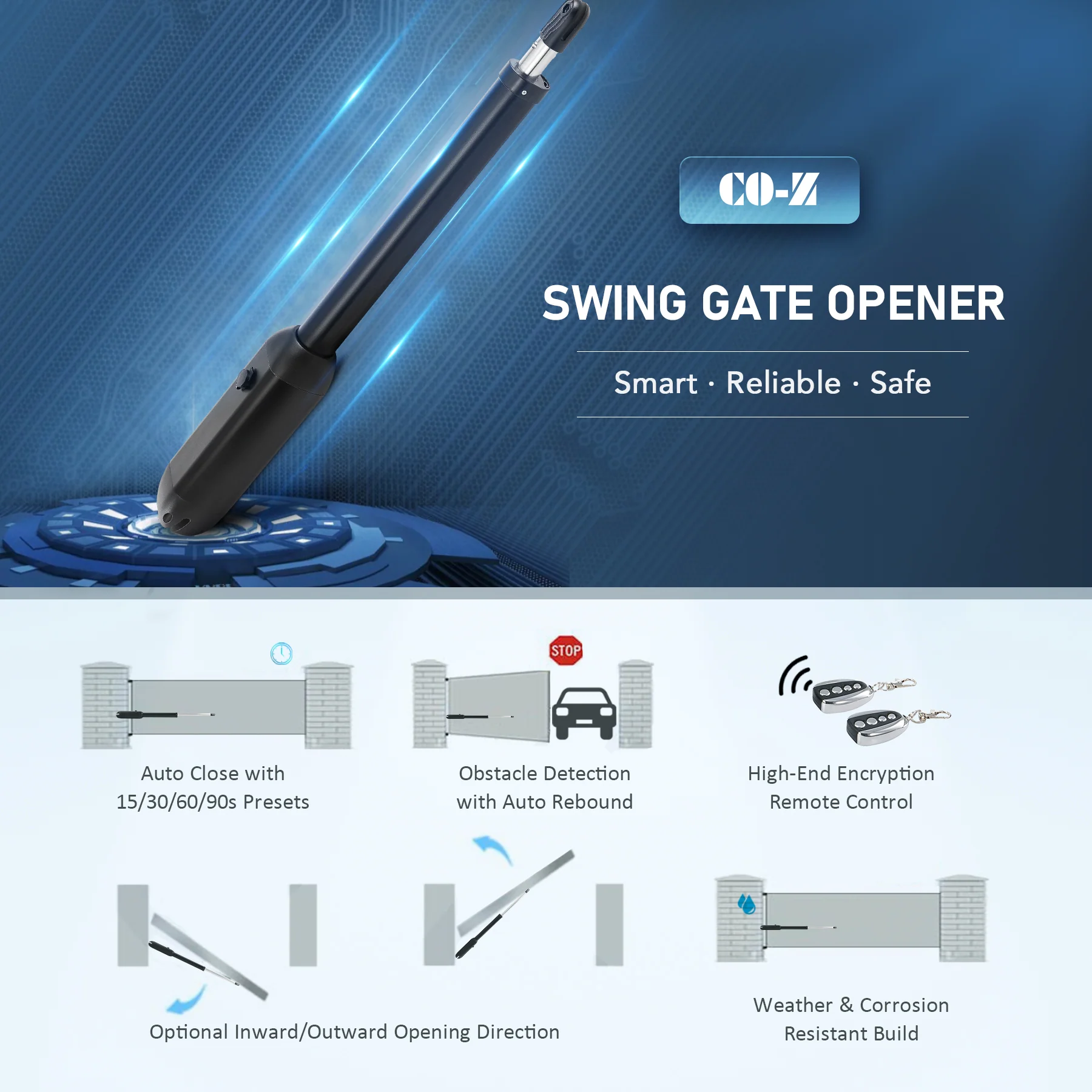 CO-Z Automatic Swing Gate Opener with Remote Controls for 1100lb 20ft Home Gates - Image 4