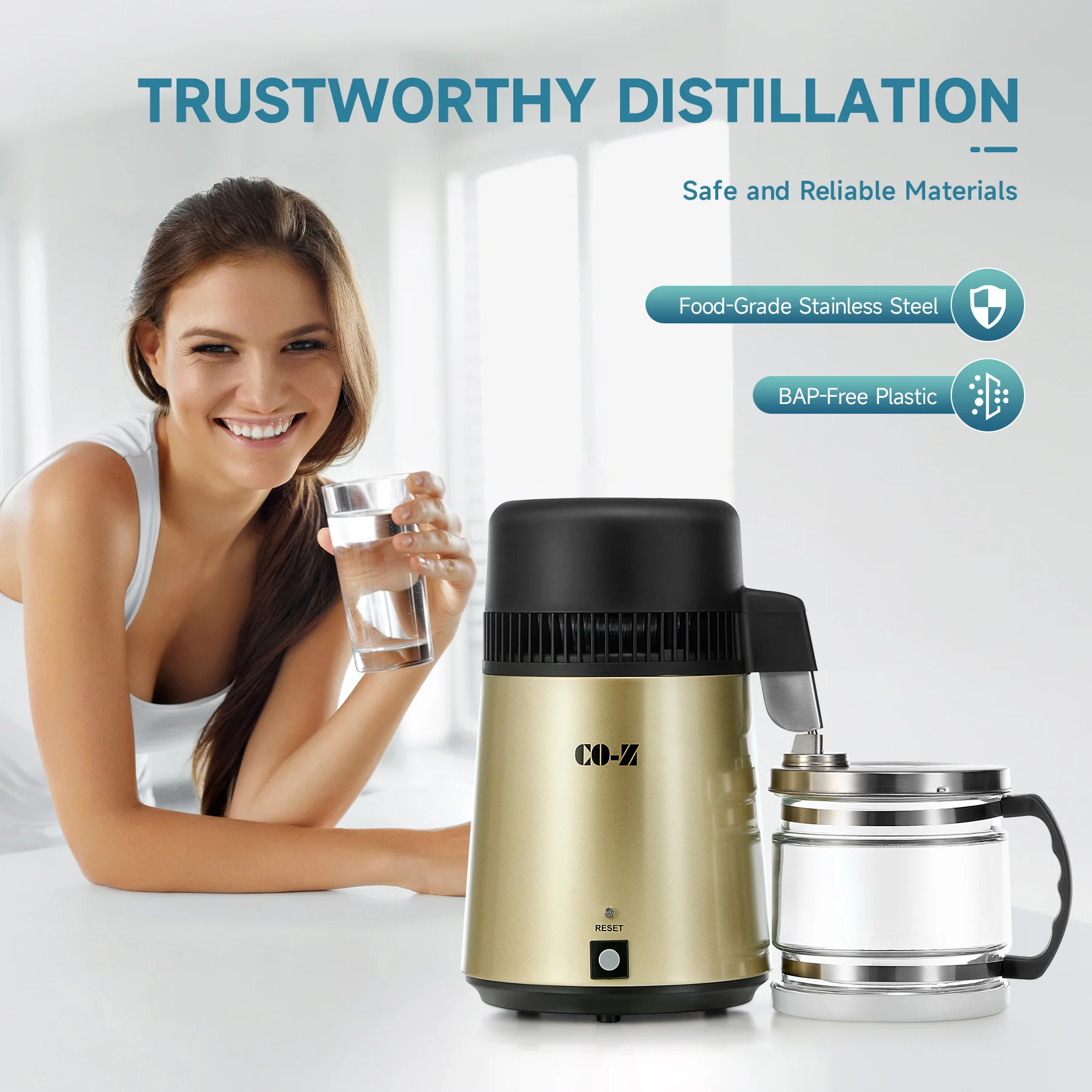 CO-Z Water Distiller, Gold Stainless Steel Countertop Machine - Image 3